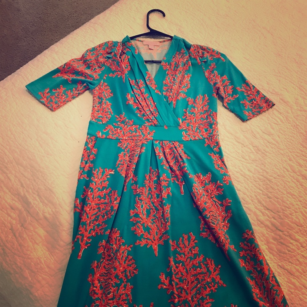 LILLY spring dress! Coral/blue fun pattern! 👗🌸🎀